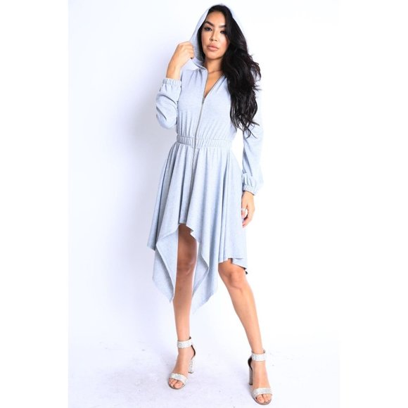 Women's Long Sleeves Hooded Drape Dress Full Zipper Dress Jacket Dress - Picture 7 of 15